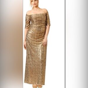 Badgley Mischka Midnight Stars Gown sz 10
Rose gold sequin off-shoulder ruched